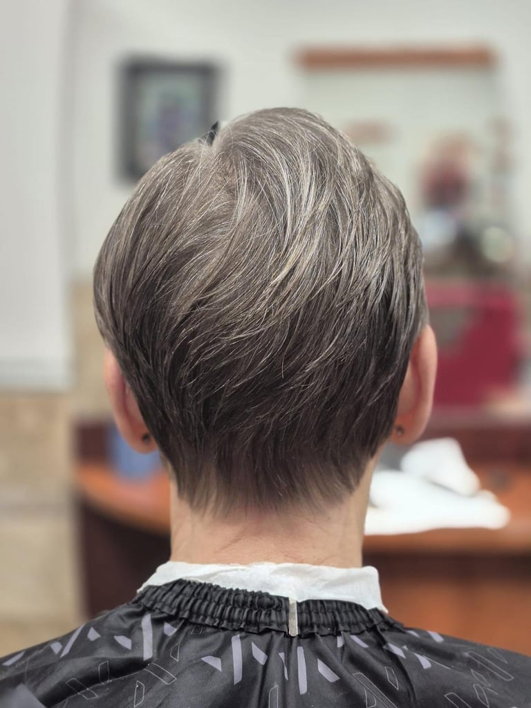 Back view of a man with short gray and black hair wearing a black salon cape