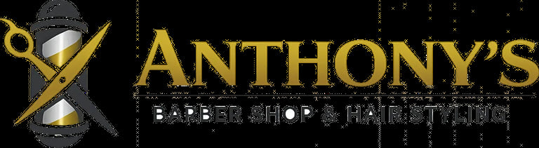 Anthonys Barbershop logo with gold text and barber pole scissors icon on black background
